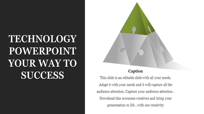 Slide with a green and gray 3D pyramid made of puzzle pieces and a caption section on a clean white background.