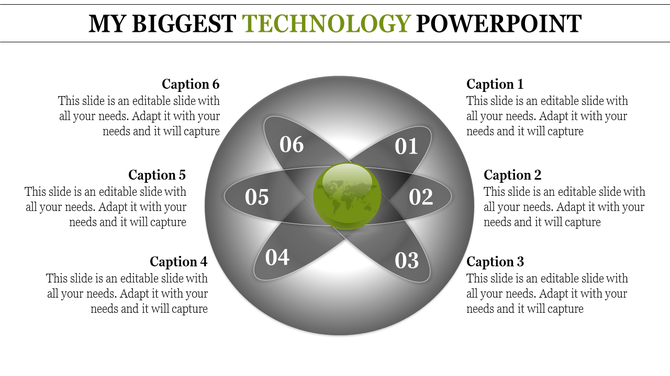 Technology PowerPoint template featuring six sections, with a globe in the center and numbered captions around it.