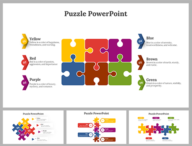 Puzzle diagram with six interlocking pieces, each color-coded with captions describing colors' meanings.