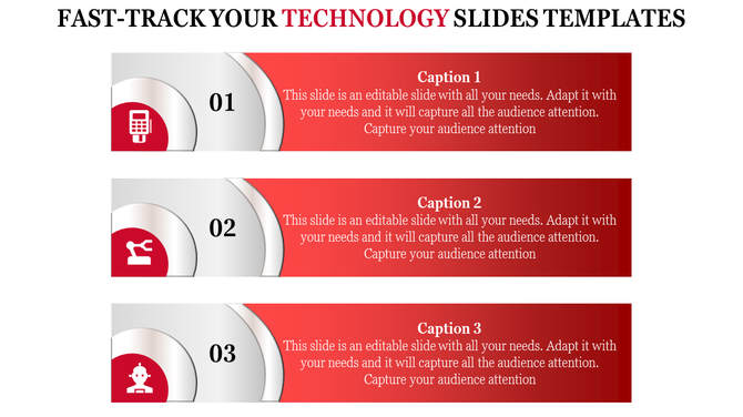 Slide with three red horizontal banners, each featuring numbered sections with technology icons.