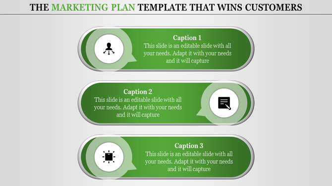 Marketing plan template with three green banners stacked vertically, each containing white circular icons and caption areas.