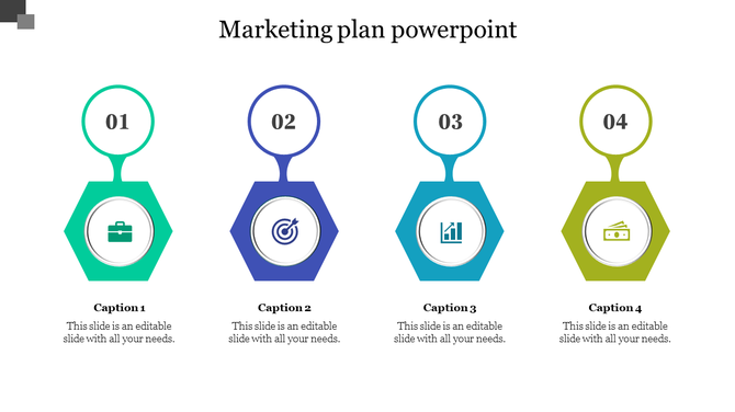 Marketing plan PowerPoint template with four hexagonal icons representing business, target, growth, and budget management.