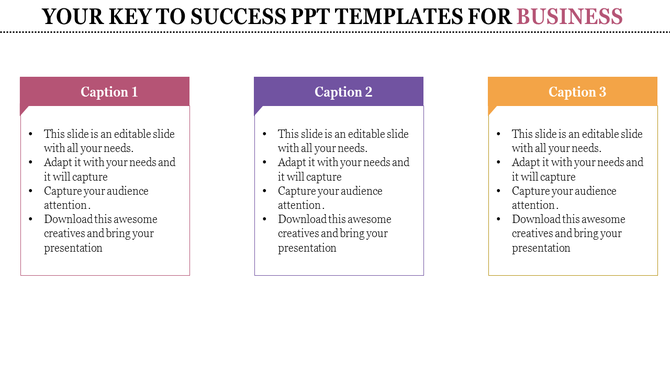Three vertical rectangular boxes for business in red, purple, and orange with headings, bullet lists, and placeholder text.
