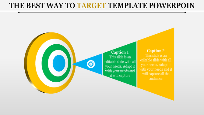 Target PowerPoint template with concentric circles and two caption boxes.
