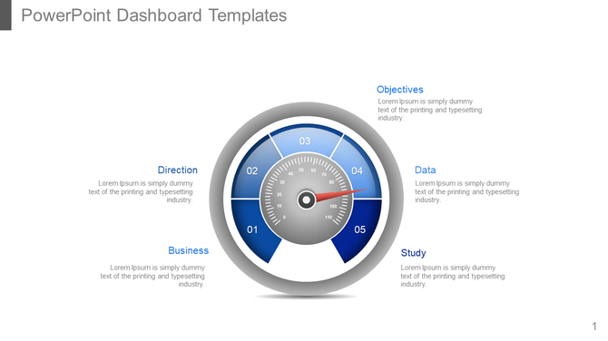 Dashboard template with a circular speedometer gauge in the center, divided into five blue segments labeled 01 to 05.