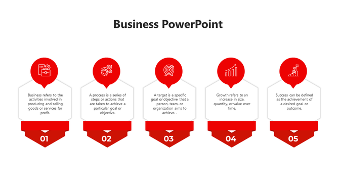Red themed business slide with five steps, each labeled with an icon and numbered from 01 to 05 and descriptive text.