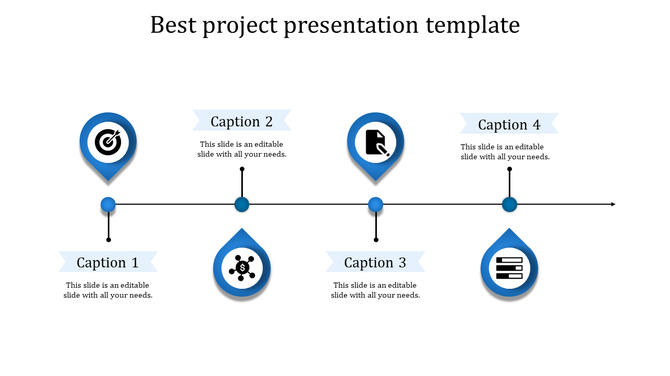 Blue themed slide with four teardrop shaped icons connected by a horizontal line, designed for step by step presentations.