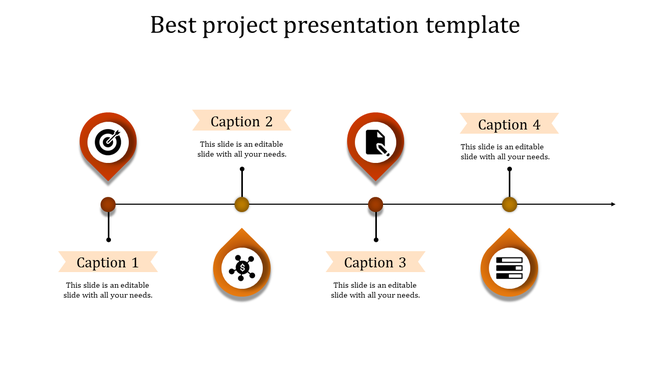 Project presentation template featuring icons for target, document, money, and data with placeholder text.