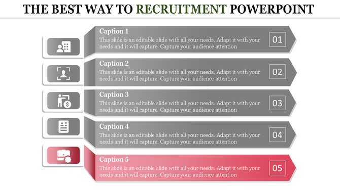 Recruitment PowerPoint slide with five sections featuring various icons and a layout with captions.
