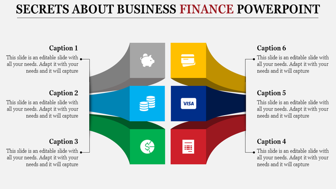 Business slide with six blocks in gray, teal, green, yellow, blue, and red, showing financial icons and captions.