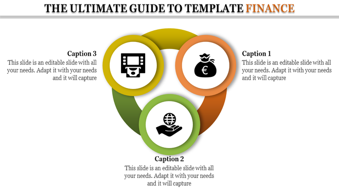 PowerPoint slide with finance related icons representing ATM, money bag, and globe in a circular layout with captions.