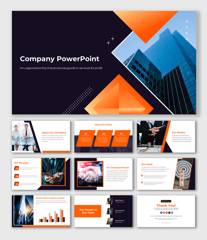 A company PowerPoint template with slides about the company, its vision, mission, services, process, and team.