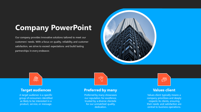 Business slide with a skyscraper photo, black background, and three labeled blue sections for company values.