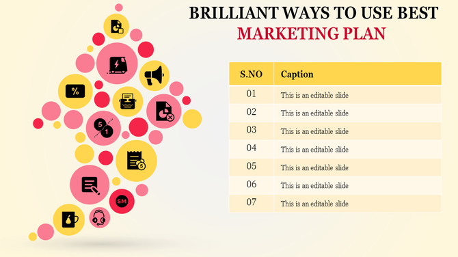 Abstract infographic of red and yellow bubbles containing marketing icons, paired with a caption table in a yellow backdrop.