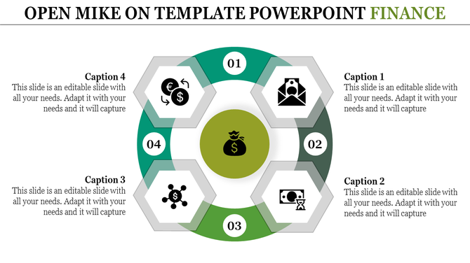Finance themed PPT template with four hexagonal steps surrounding a central icon representing money with captions.
