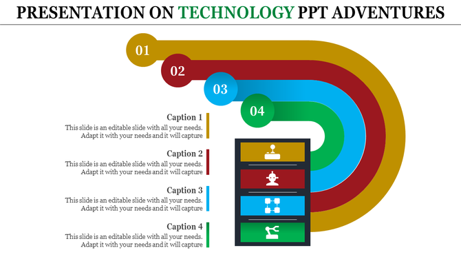 Technology themed flowchart with four curved steps in yellow, red, blue, and green, numbered 01 to 04, aligned with icons.