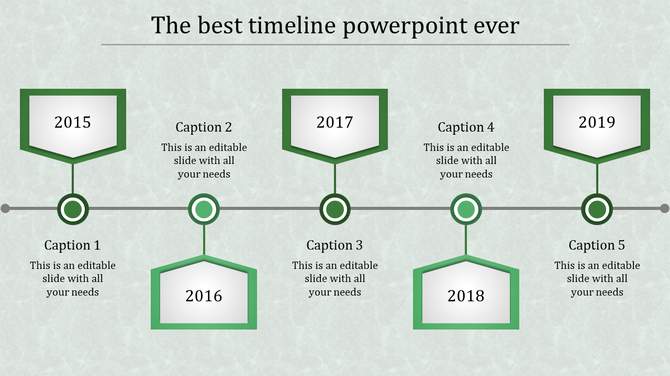 A timeline slide showcasing the years 2015, 2016, 2017, 2018, and 2019, with captions for each year.