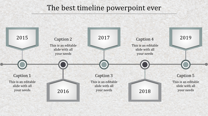 Grey timeline PPT template with five stages from 2015 to 2019, each with a caption and year.