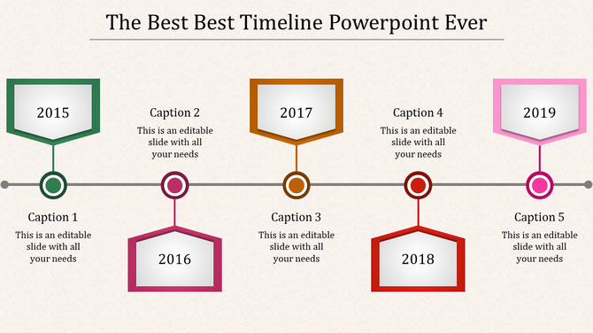 Colorful timeline with pentagonal markers in green, purple, orange, red, and pink for milestones, with captions.