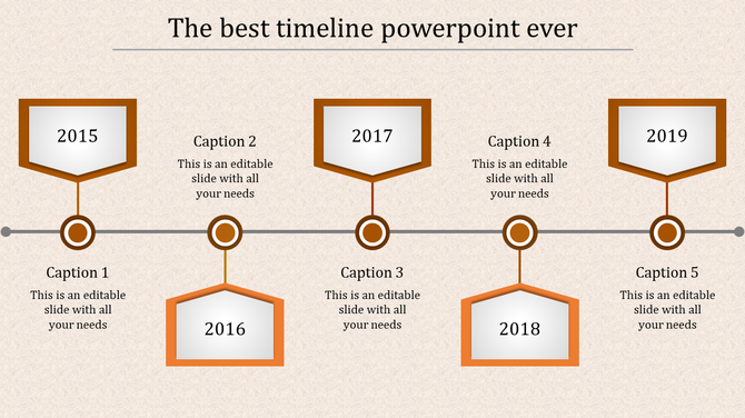 Five step timeline with orange colored hexagons and with five caption areas placed in beige background.