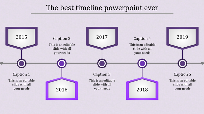 Five step timeline with purple pentagons marking years and captions aligned under each milestone.