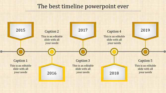 Yellow hexagon timeline showing years 2015 to 2019 with captions areas placed in a beige background.