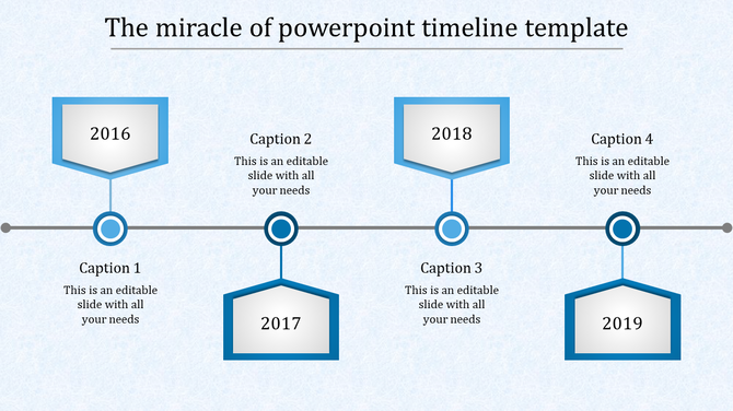 Hexagonal timeline in blue theme showing years from 2016 to 2019 each with caption areas placed in a bright background.