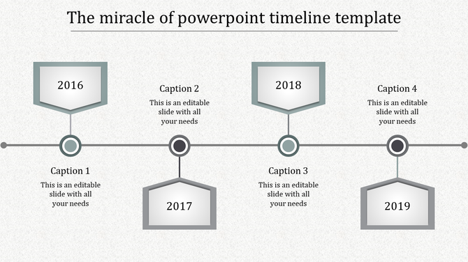 Grey timeline PowerPoint template featuring stages for 2016, 2017, 2018, and 2019 with captions and placeholder text.