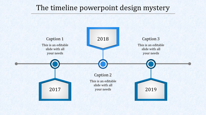 Blue timeline PowerPoint template featuring years 2017, 2018, and 2019 with captions and placeholder text.