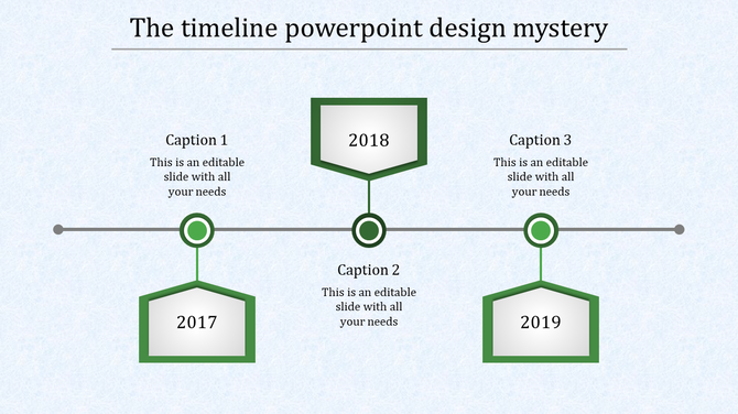 Green hexagon timeline showing 2017, 2018, and 2019 with captions areas placed in a white background.