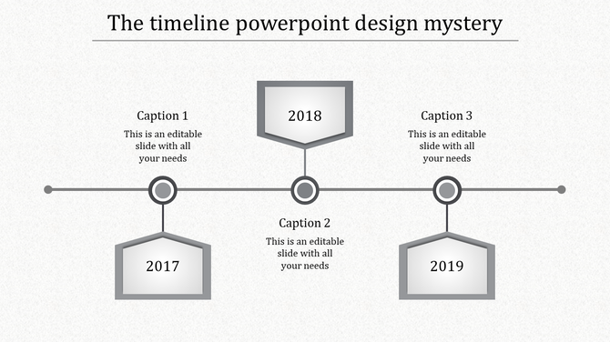 Gray themed timeline featuring three milestones with circular markers and hexagonal labels for each year.
