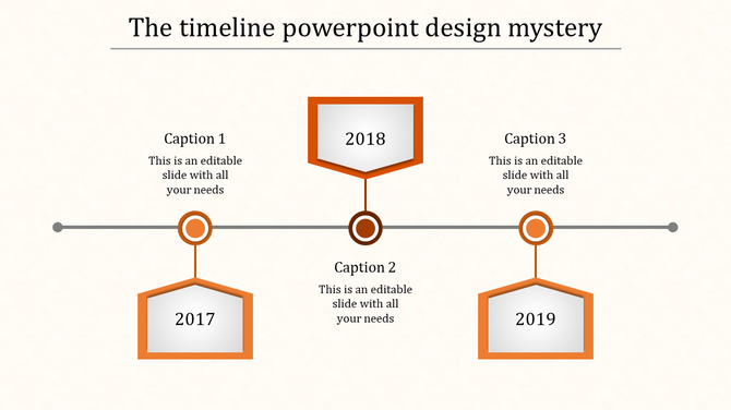 Orange hexagon timeline showing years 2017, 2018, and 2019 with captions areas placed in a white background.