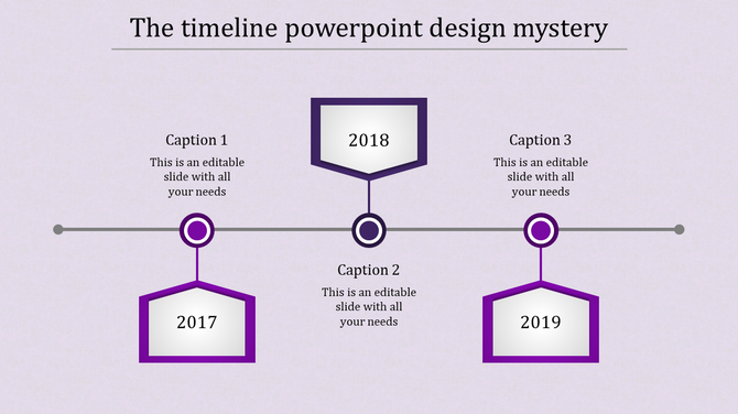 Horizontal timeline with purple markers and labeled milestones for 2017, 2018, and 2019, featuring captions.