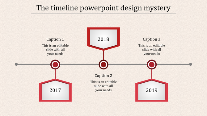 Timeline design slide featuring red milestones for 2017, 2018, and 2019 with custom captions.