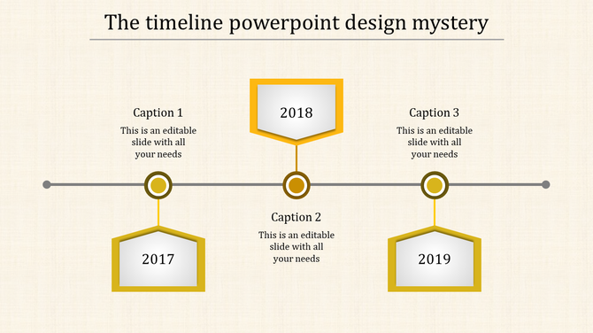 Yellow timeline with hexagons for years 2017, 2018, and 2019 with captions areas placed in a white background.