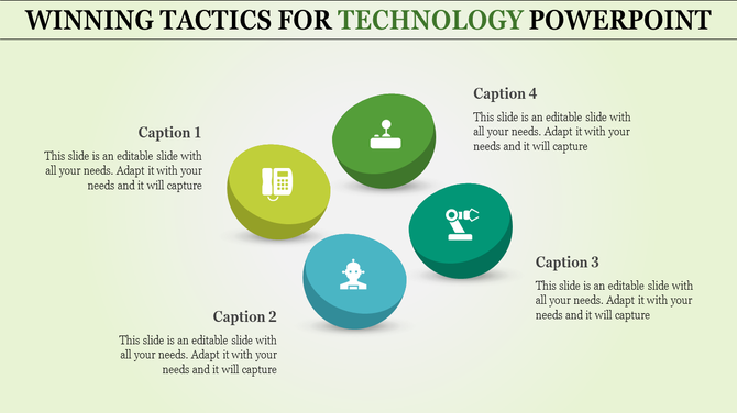 Technology themed slide with four 3D oval shapes in green and blue, each featuring icons and captions.