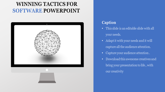 Monitor displaying a spherical mesh structure, accompanied by a blue text box for software-related content.