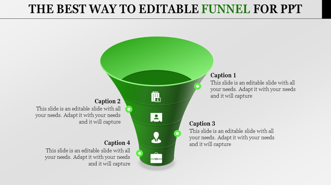 Funnel template with green color, featuring four segments, each with an icon for business stages and captions.
