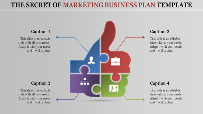 PowerPoint template for a marketing business plan with a colorful puzzle design and four caption sections and icons.