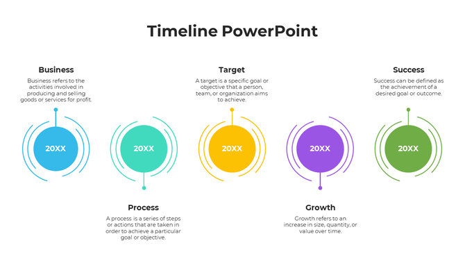 Colorful timeline layout with five circular icons in blue, teal, yellow, purple, and green, arranged horizontally.