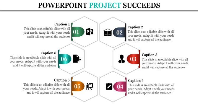 Hexagon project infographic with six numbered captions, icons like book, target, and user, arranged in a structured flow.