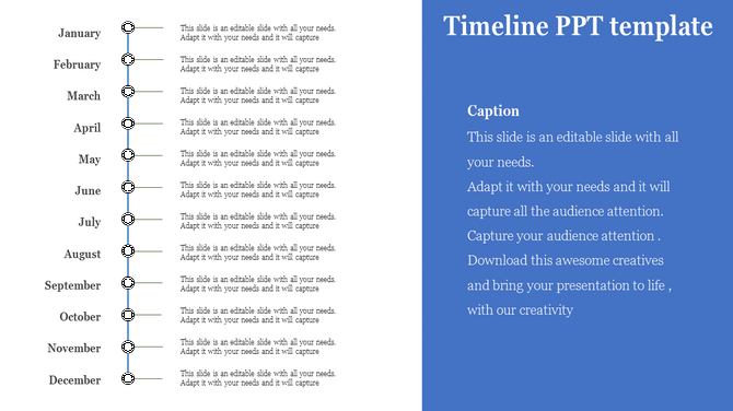 PowerPoint template with a vertical timeline listing months and text boxes for descriptions.