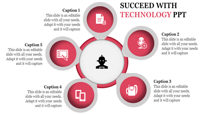 Technology-themed design with a robot icon and five red bubbles showing tech-related icons with four caption areas.
