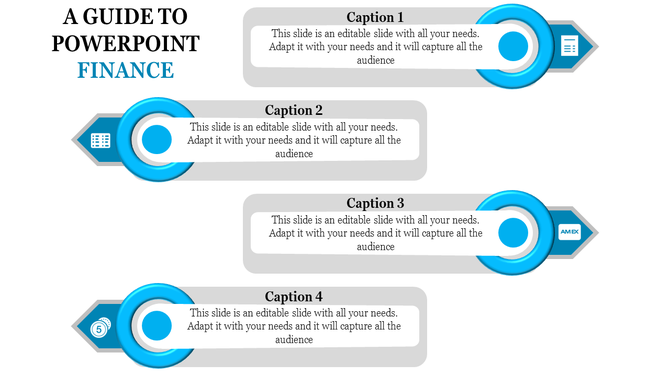 Finance PPT slide featuring steps with icons related to financial documents, business strategies, and payment methods.