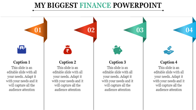Finance PPT template with flags and sections for finance topics such as savings, investments, and income with captions.