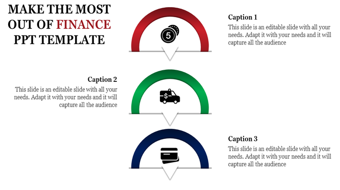 Finance PowerPoint template with icons representing money, transportation, and banking with captions.