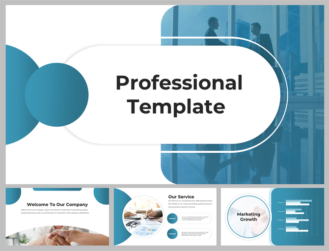 Professional PowerPoint template with slides for company introduction, services, and marketing growth.