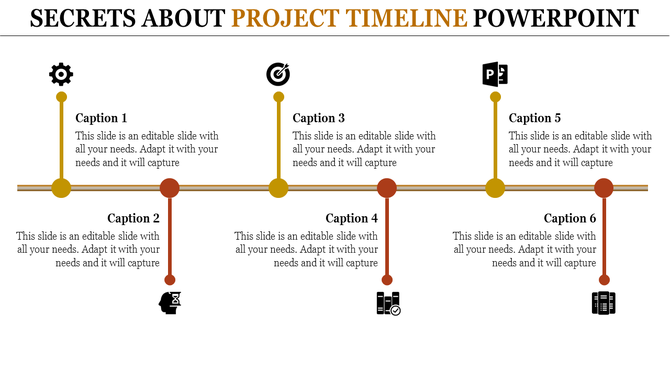 Project timeline PowerPoint template with six milestones and icons with captions.