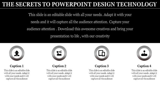 Black themed header with white text, four gray circular icons evenly spaced below, each labeled with captions.