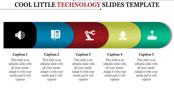 Colorful technology themed PowerPoint slide with icons representing sound, phone, robotics, AI, and servers with captions.